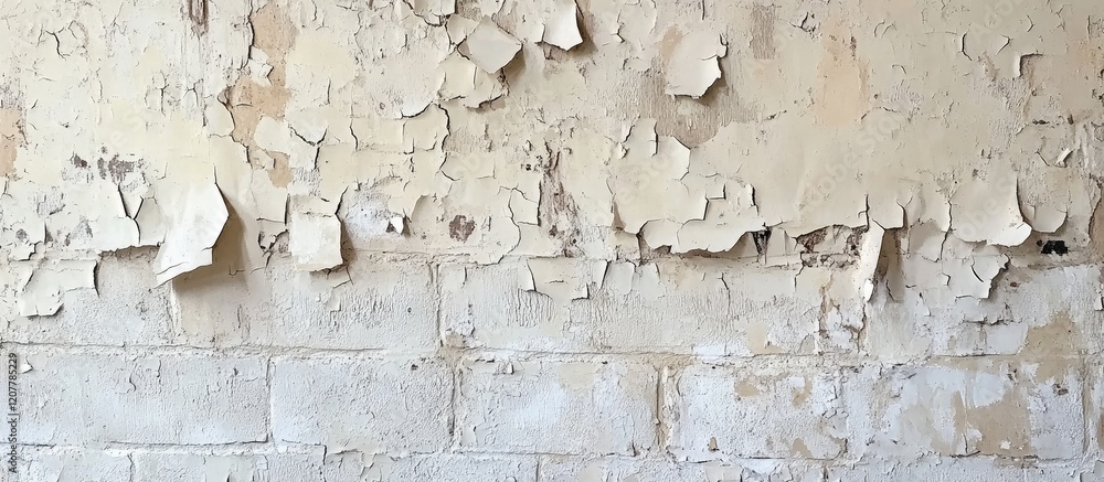 Poster peeling paint texture on a concrete wall with exposed bricks and whitewashed surface copy space