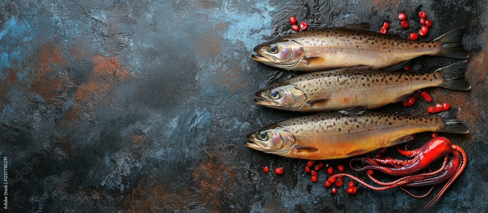 Poster freshwater fish displayed for freezing on dark textured surface with red and black squid accents and