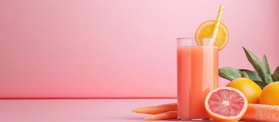 Fototapeta premium Freshly Squeezed Orange and Carrot Juice in Tall Glass with Straw on Pink Background with Oranges and Carrots in Foreground and Empty Space for Text