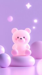 Obraz premium A cute plush bear in pastel colors surrounded by soft, dreamy spheres and stars.