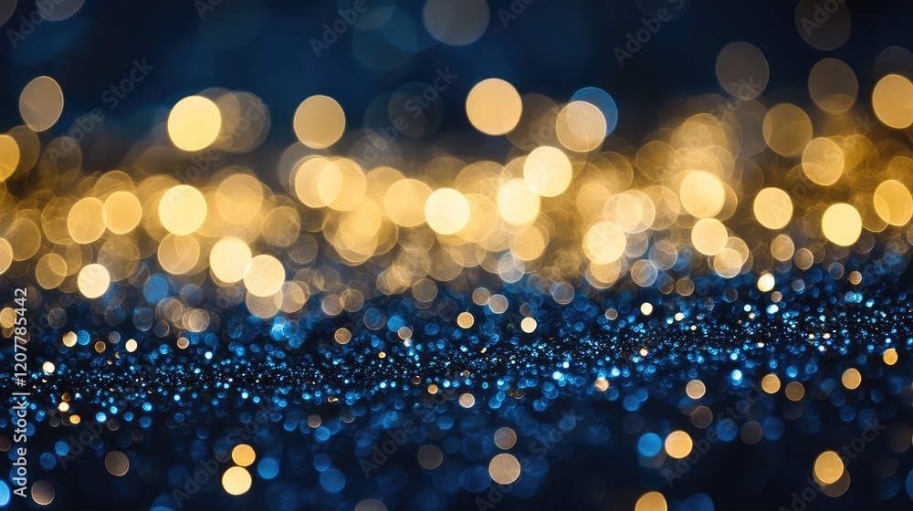Poster abstract bokeh background with golden and blue colored lights and glittering texture suitable for va