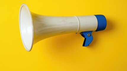 Vintage megaphone with wooden design on bright yellow background featuring copy space for text insertion