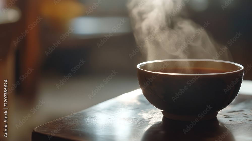 Aufkleber steaming cup of coffee on wooden table with soft background and copy space for text