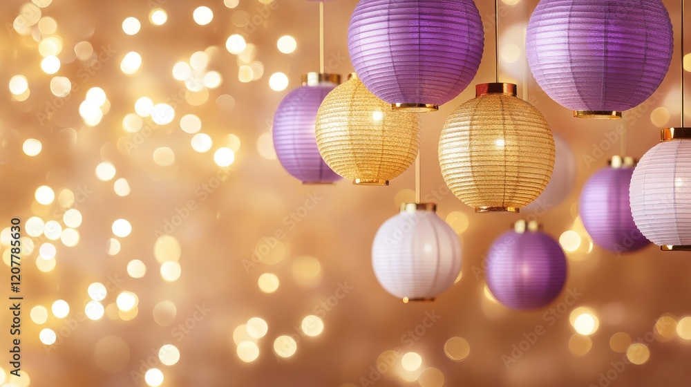 Poster colorful paper lanterns hanging against a blurred golden bokeh background with copy space for text