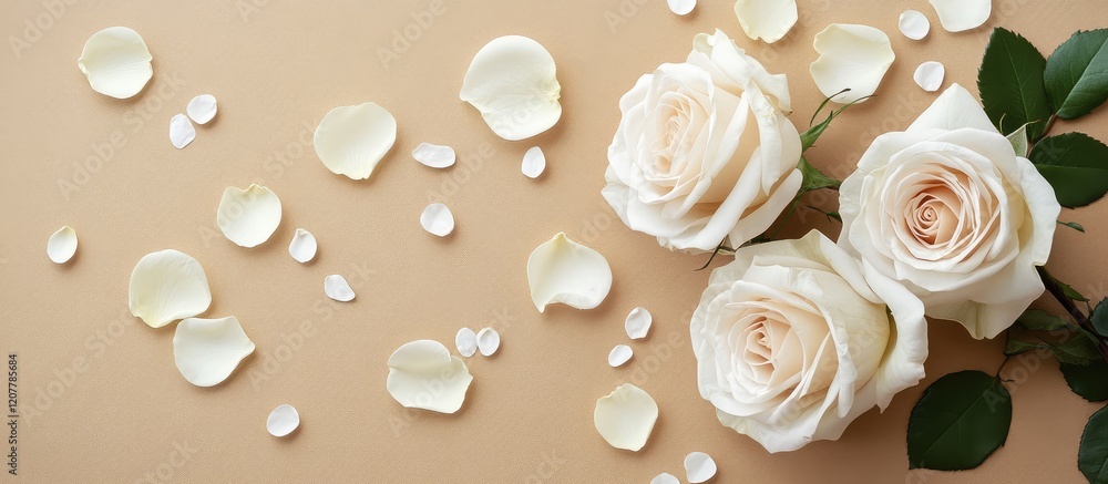 Poster white roses with petals arranged on a beige background with copy space for text placement.