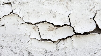 Fototapeta premium Cracked white wall texture background with visible deterioration and peeling paint featuring ample Copy Space for text placement