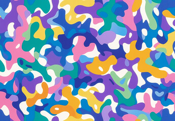 Abstract pattern with camouflage elements in bright colors, designed for textile printing, featuring an intricate design of various shapes.