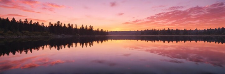 Obraz premium Orange and pink hues of sunset reflected in a calm lake surface, sunset, ripples