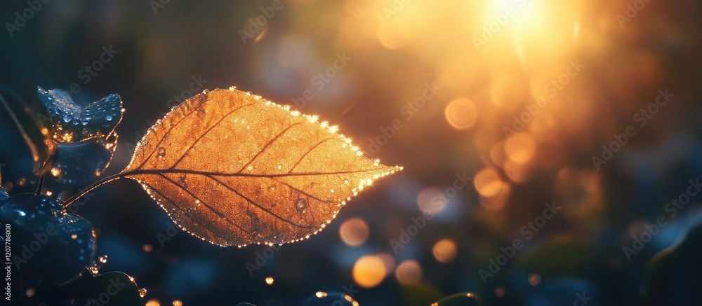Poster macro shot of a dew-covered leaf with warm backlighting showcasing soft bokeh and vibrant colors cop