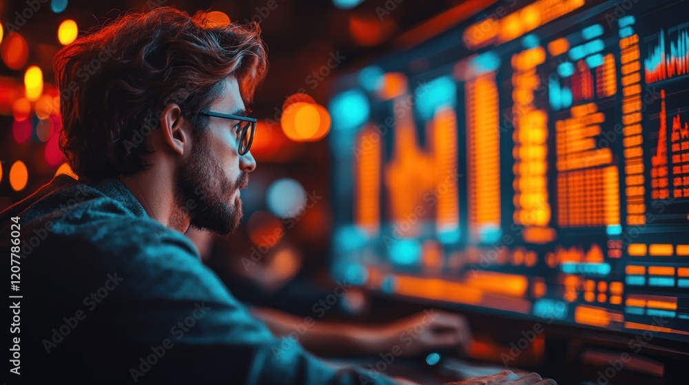Poster focused individual analyzing data on multiple screens in a vibrant, tech-driven environment