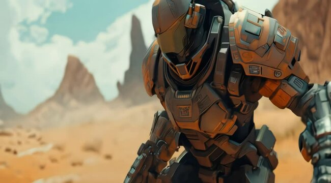 Futuristic Soldier in Desert Landscape - Sci-Fi Action Scene - CGI Animation