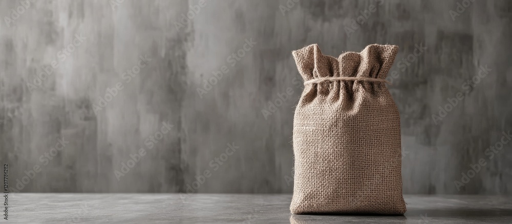 Poster freshly roasted coffee beans in rustic hessian sack on gray concrete background with generous copy s