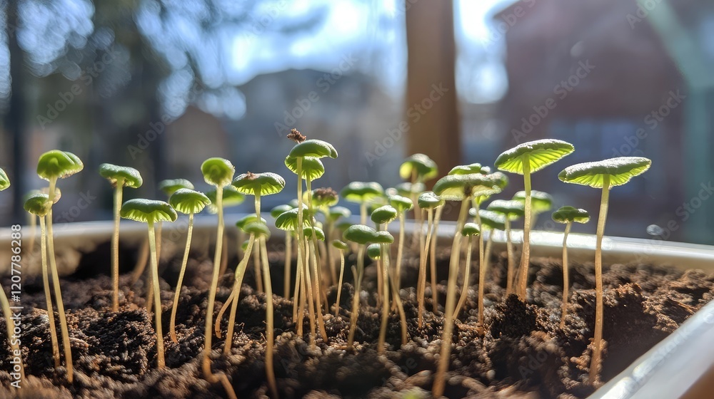 Poster green mushroom-like seedlings emerging from dark soil in indoor setting with soft natural light and 