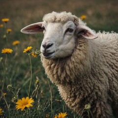 Obraz premium A sheep making a silly face while eating a flower.