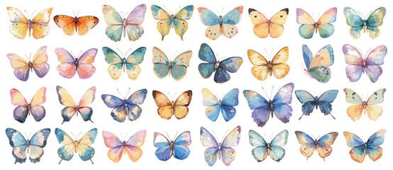 Fototapeta premium Watercolor butterflies. Colorful insects wings, romantic nature designs, spring summer beauty decorative monarch wildlife set vector illustration