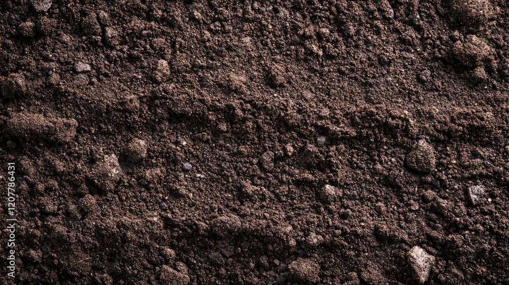Poster close-up of dark soil texture with small stones and irregular patterns suitable for background and d
