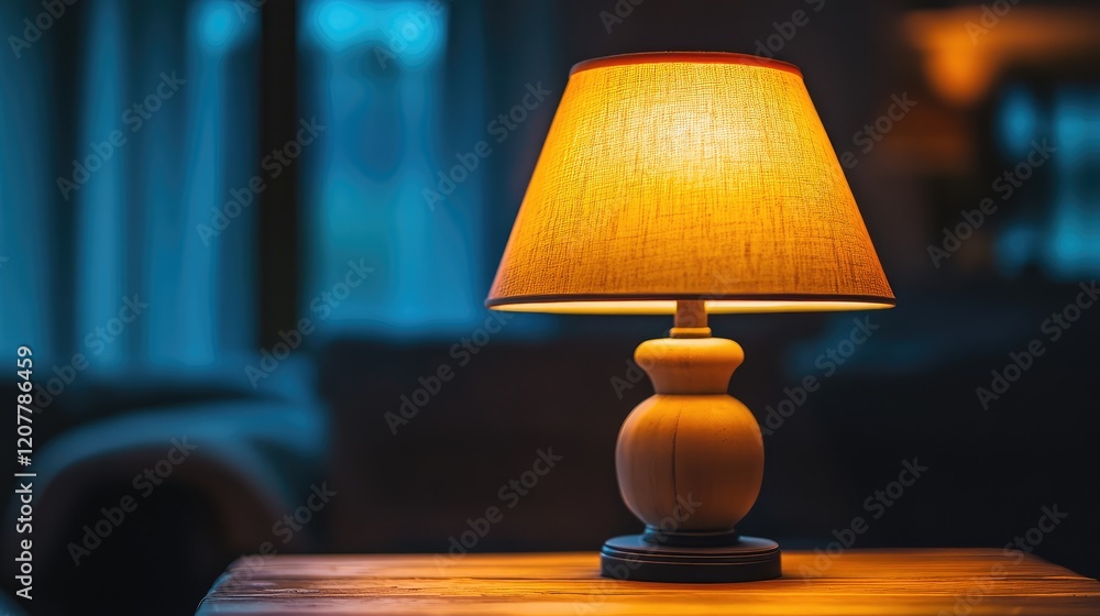 Poster softly lit table lamp illuminating a warm interior space with copy space for text or graphics.