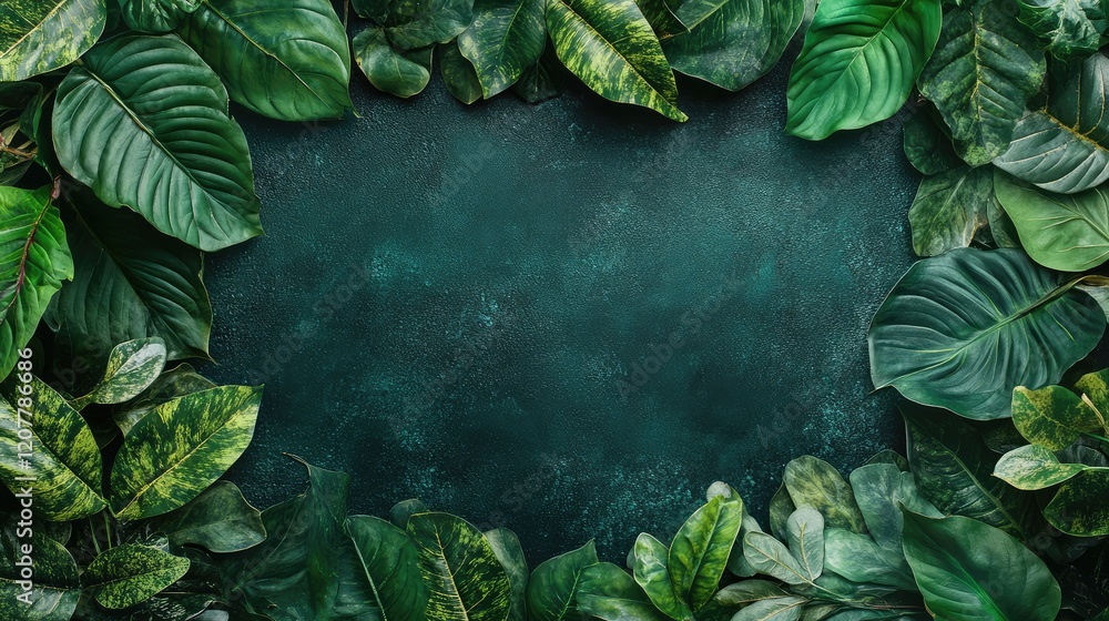 Poster green leafy frame background with dark textured center and ample copy space for text placement