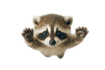 Fototapeta premium Adorable baby raccoon with paws outstretched, appearing to melt or drip downwards. Perfect for children's books, websites, or playful designs.