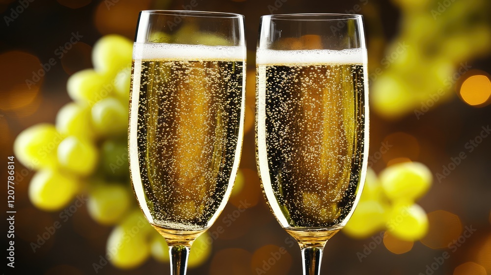 Aufkleber champagne flutes with sparkling wine on blurred grape background with bokeh lights and copy space fo