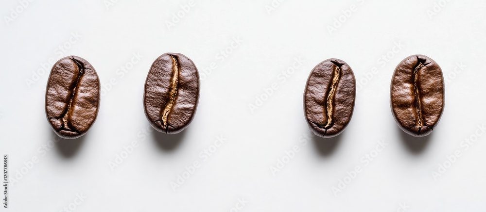 Poster freshly roasted arabica coffee beans arranged in a row on a clean white background with ample copy s