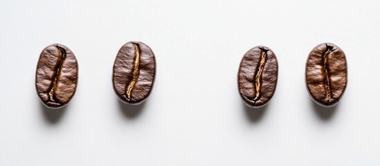 Fototapeta premium Freshly Roasted Arabica Coffee Beans arranged in a row on a clean white background with ample copy space for branding or text presentations.