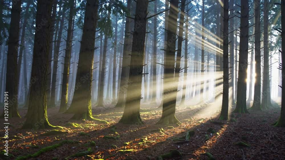 Poster enchanted forest during early morning with sunlight illuminating the trees and creating a mystical a