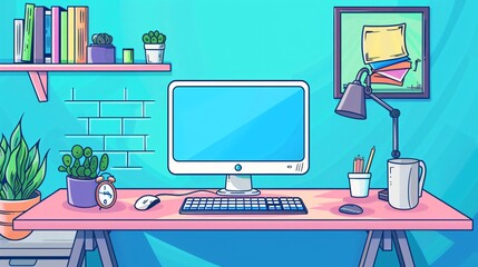 Modern Office Desk Top View with Blue Line Background Cartoon Vector Illustration