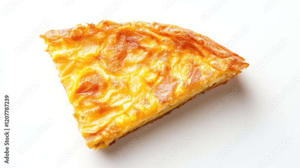 Poster cheese and egg quiche slice on white background with copy space for text placement