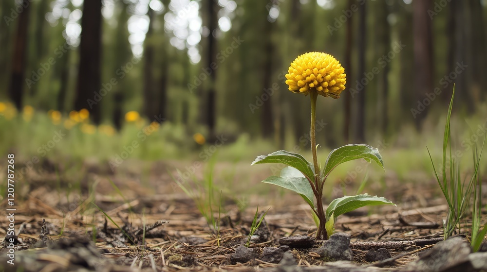 Poster yellow wildflower in a forest setting with blurred trees and greenery in the background, featuring c