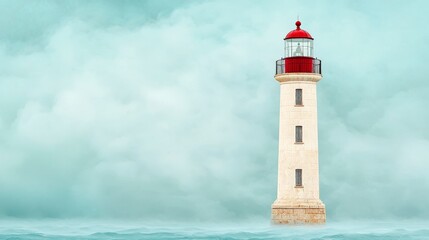 Serene Lighthouse Amidst Calm Waters and Soft Misty Background Enhancing Coastal Scenery Soothing Vibes