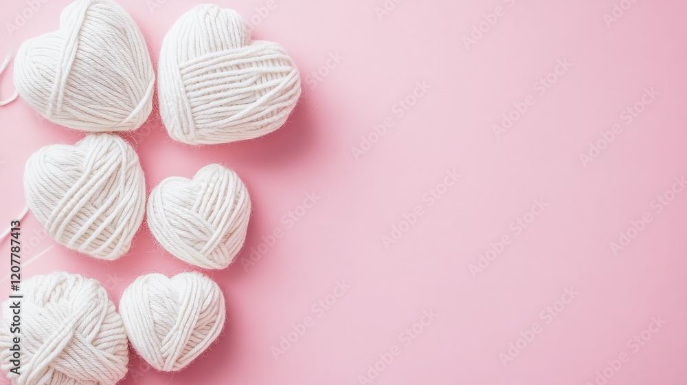 Poster white yarn balls shaped like hearts on a pink background with copy space for text or design elements