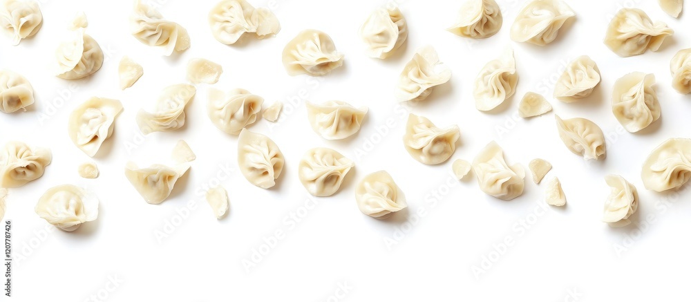 Poster dried pasta shells scattered on white background with copy space for text placement