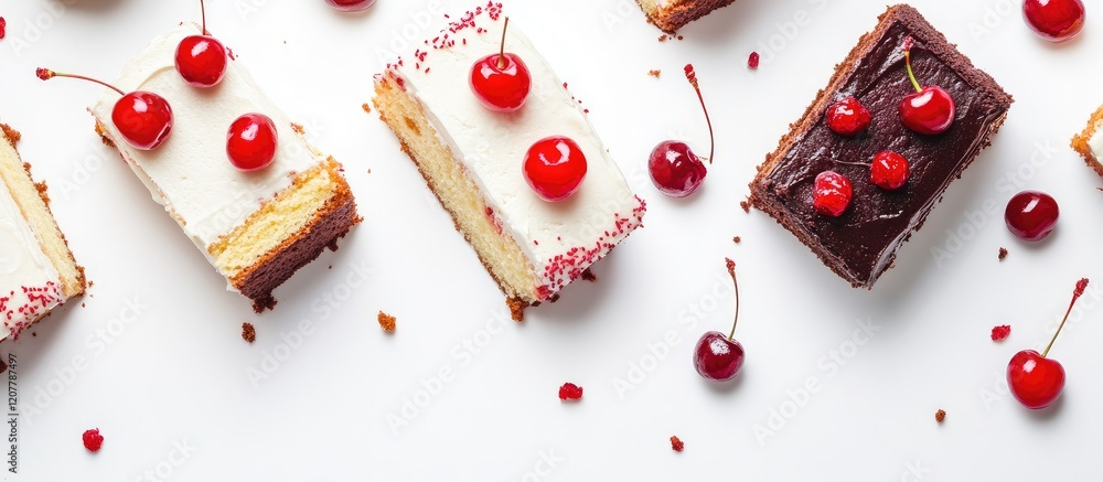 Poster assorted layer cakes with cherries on top arranged on a white background with copy space for text.