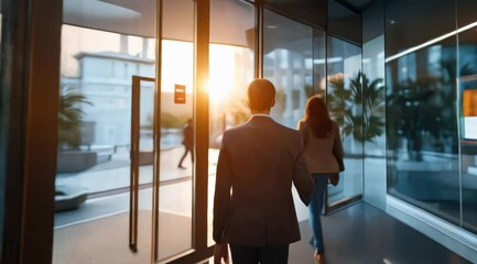 Modern Office Exit: Business Professionals Leaving Through Glass Doors at Sunset - 4K Footage