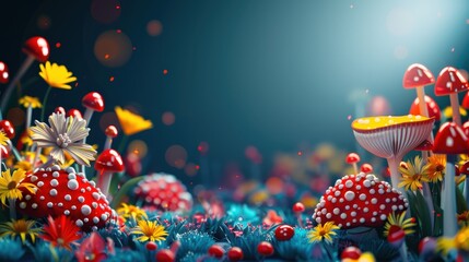 Vibrant Mushroom Garden with Red and Yellow Flowers in a Mystical Setting