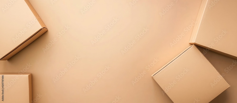 Poster brown cardboard boxes on a beige background with ample copy space for text or graphics.