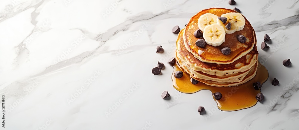 Poster stack of fluffy pancakes topped with banana slices and chocolate chips on a marble surface with syru