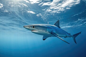 Fototapeta premium Blue shark swimming near the surface, prionace glauca, underwater scene, atlantic ocean, blue shark, aquatic life