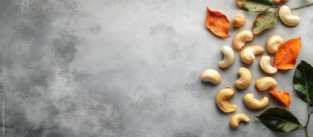 Aufkleber cashew nuts scattered on a textured gray background with autumn leaves and copy space for text place