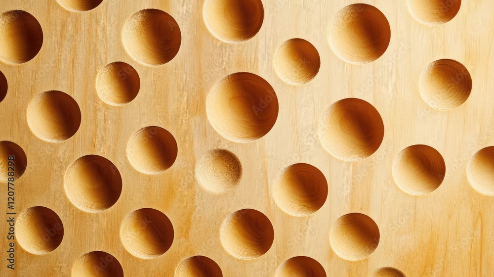 Poster pattern of raised spherical shapes on a wooden surface with natural grain and texture copy space ava