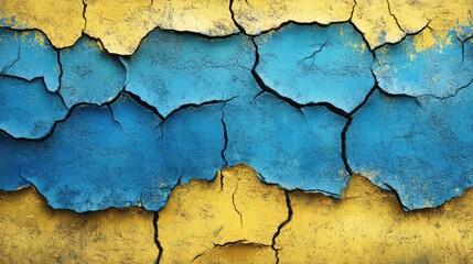 Obraz premium Cracked blue and yellow textured wall background with peeling paint and visible weathered surface details Copy Space