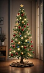 Christmas tree with ornaments and fairy lights, winter decor, ornaments, twinkling lights