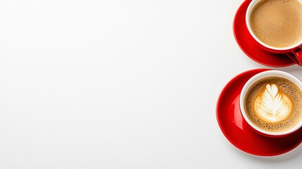 Fototapeta premium Two Red Coffee Cups with Latte Art on White Tabletop Perfect for Coffee Lovers and Cafe Enthusiasts