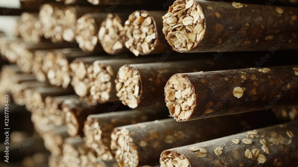 Poster close-up of stacked chocolate-coated cereal bars with visible oats and textures on a blurred backgro
