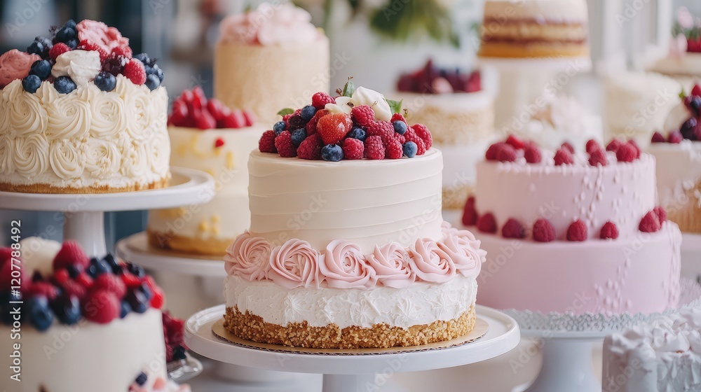 Poster assorted decorative cakes topped with fresh berries displayed on white pedestals in a bakery setting