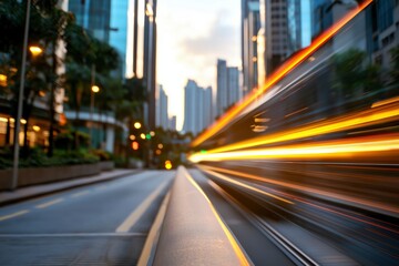 Fototapeta premium Dynamic City Scene with Light Trails and Modern Skyscrapers at Dusk in an Urban Environment
