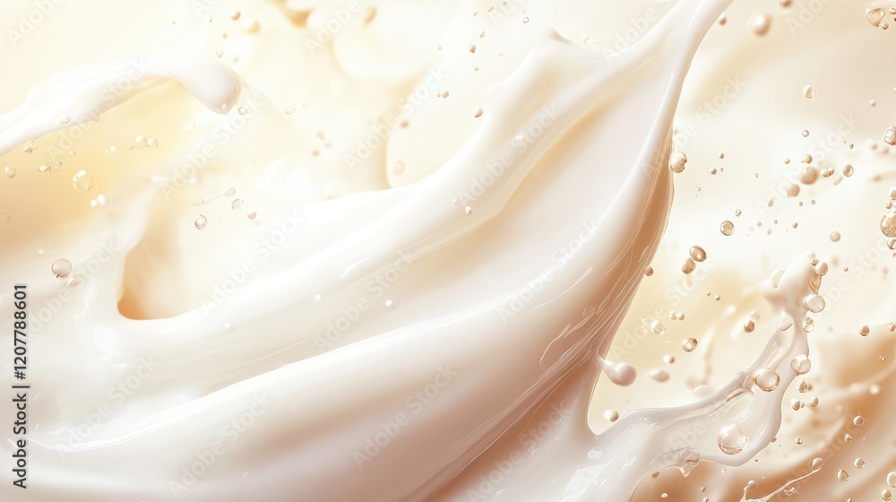Poster close-up of creamy liquid splash with droplets on soft background copy space