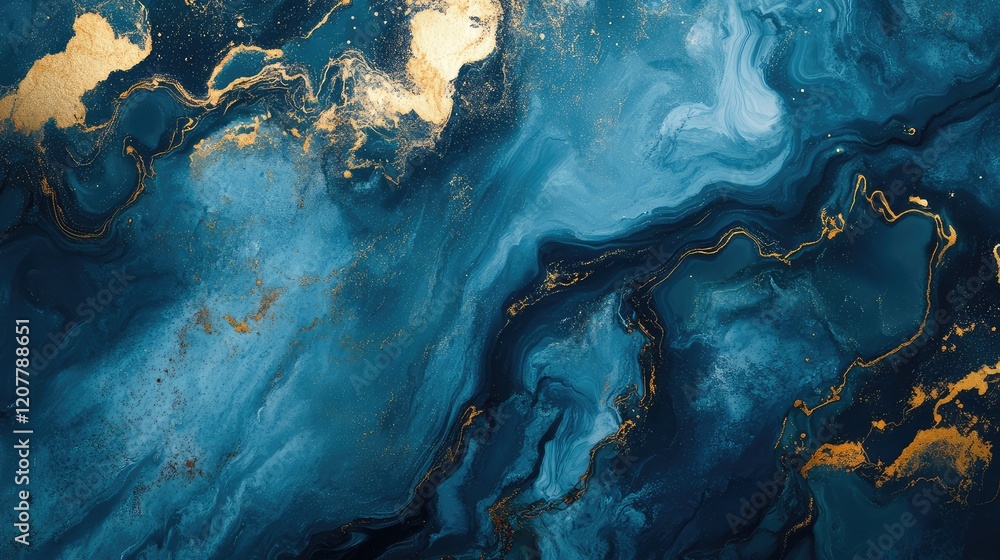Poster abstract blue and gold marbled texture with fluid design and copy space for text placement