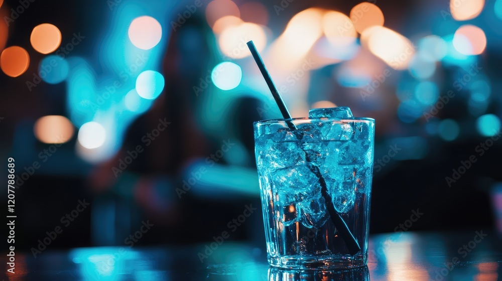Poster glass of ice-filled cocktail with a straw on a bar counter in a dimly lit bar with blurred lights in